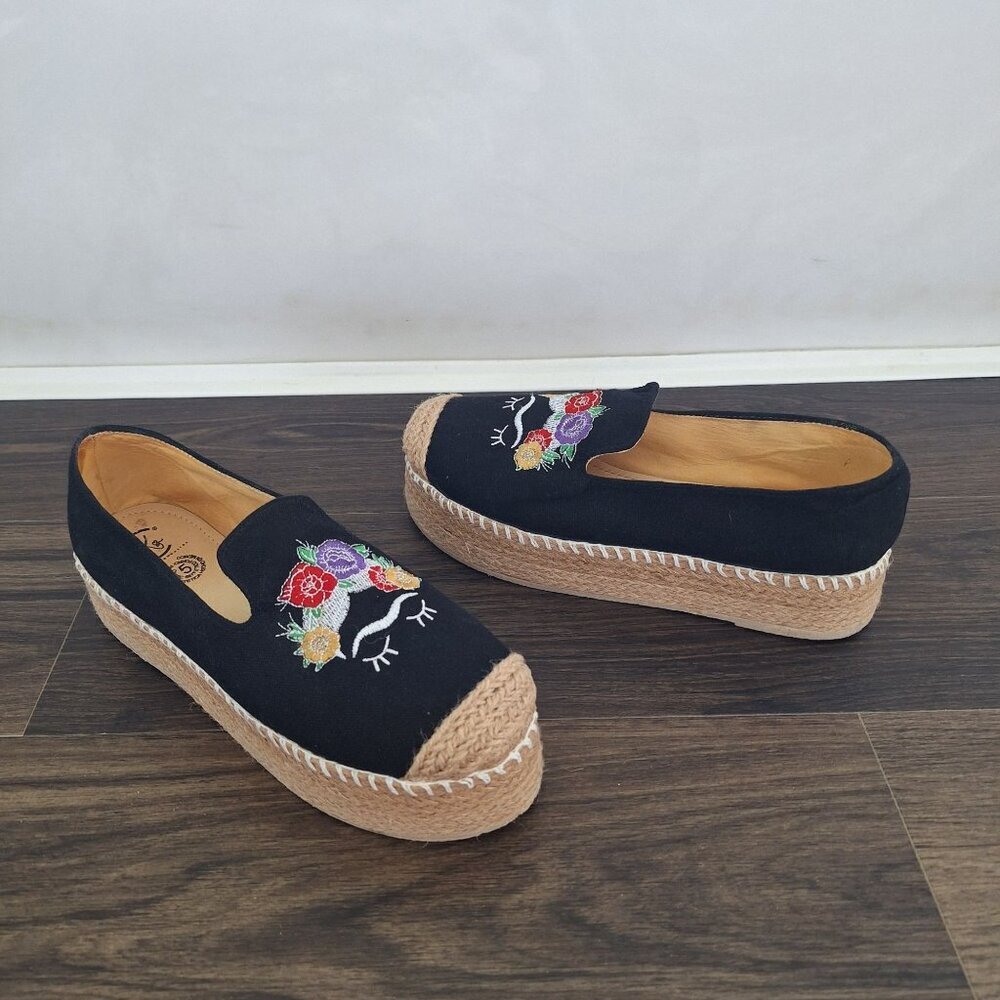 💙 Carlo Cambuston Natural Materials Slip Espadrilles Platform Embroidered Size